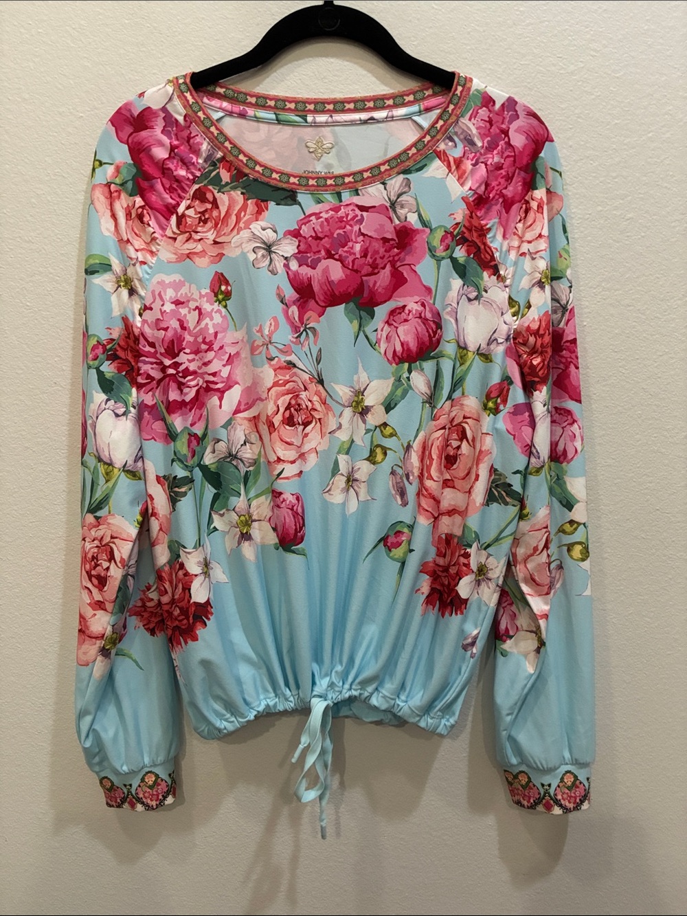 Johnny Was Active Floral Drawstring Hem Long-Sleeve Top - Mint Blue & Pink - Picture 2 of 8